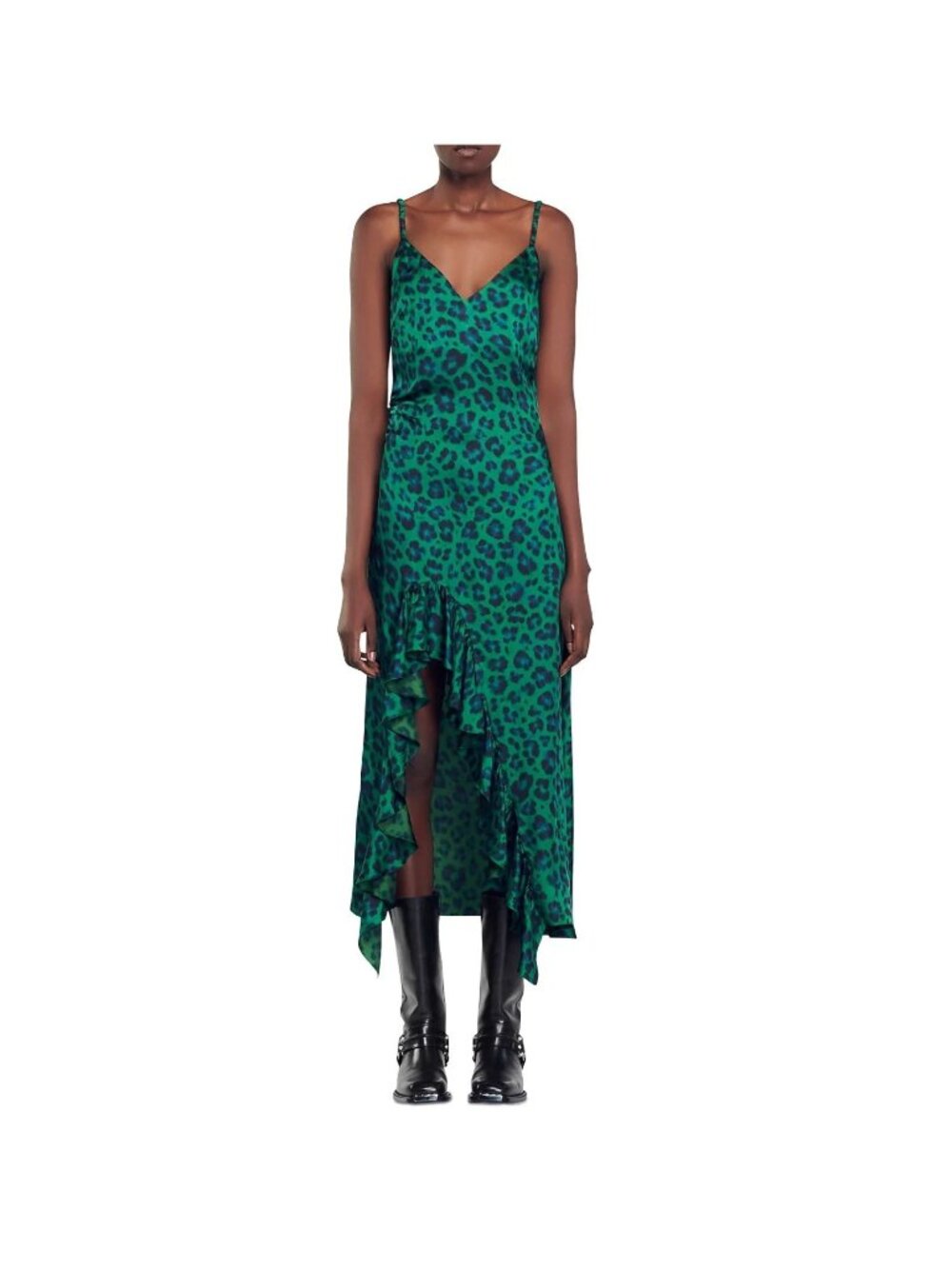 Sandro Amazonie Leopard Print Satin Midi Slip Dress Green Animal Print US 4 - Picture 3 of 16